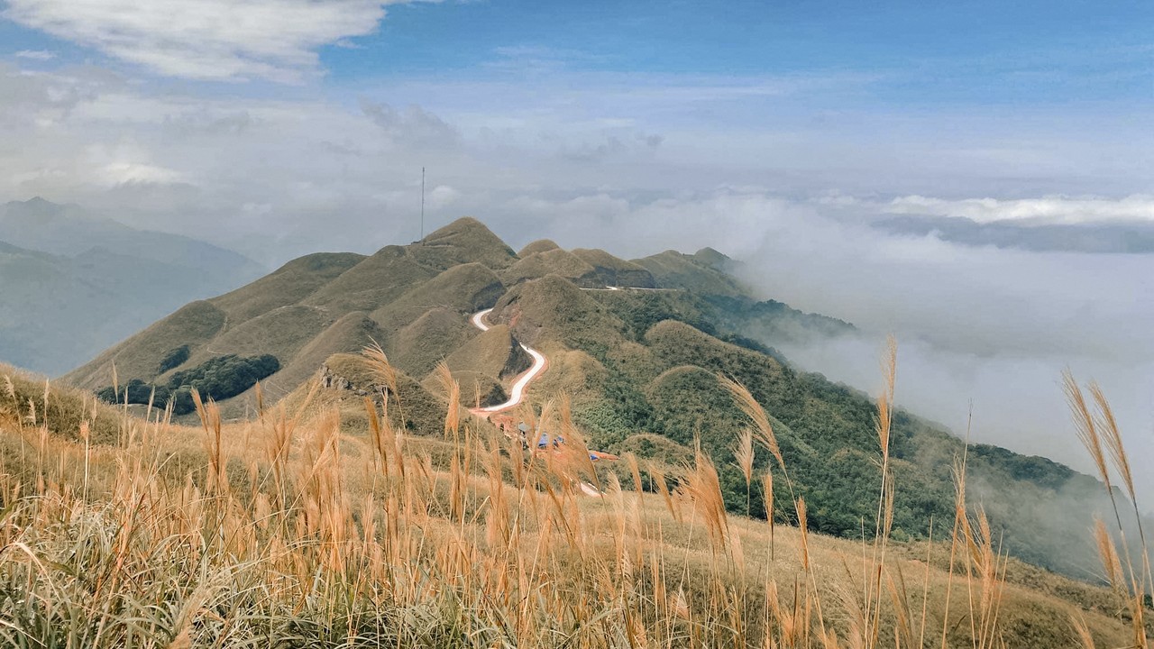 A grassy ridge in Binh Lieu, with a winding mountain road and cloud below the hills.