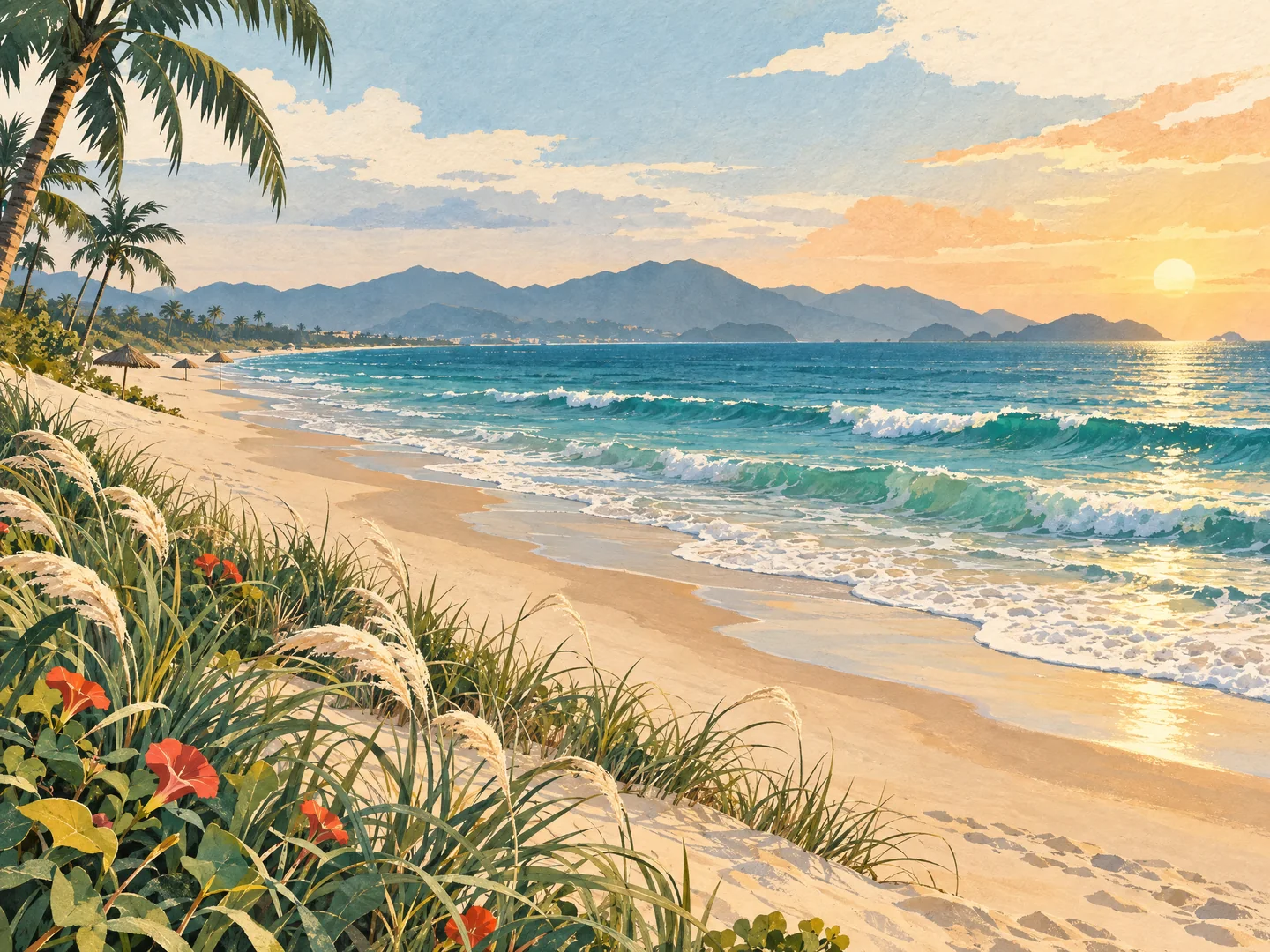 Illustration of the An Bang shoreline near Hoi An, with gentle waves and beach grasses; not a depiction of Royal Shore Beach Club.