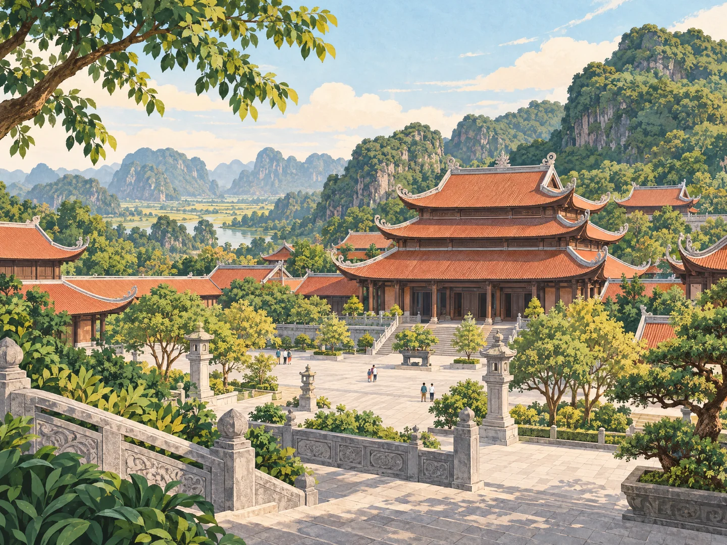 Illustration inspired by Bai Dinh Pagoda in Ninh Binh, with layered temple roofs, a courtyard and green foothills.