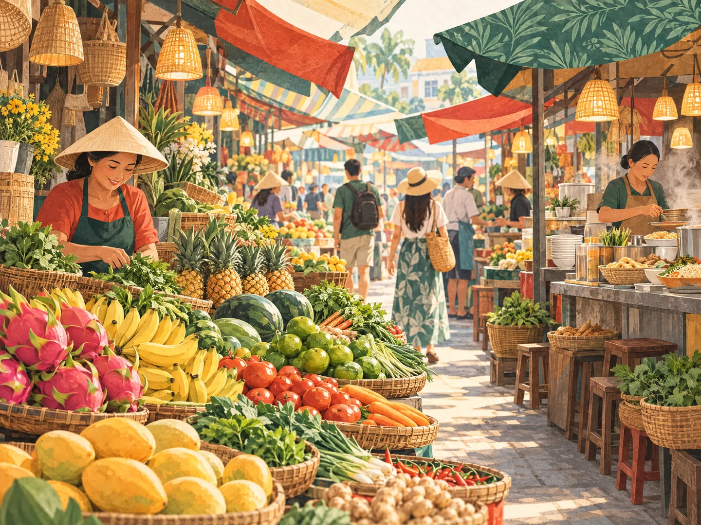 Illustration of a busy fruit stall at Con Market in Da Nang