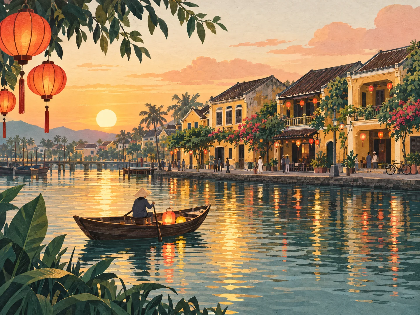 Illustration of Hoi An old town on the river at sunset, with lanterns and a small boat