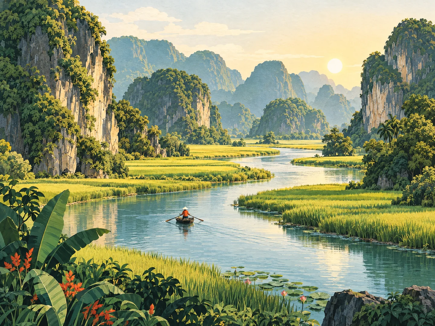 Illustration of a small boat on the river among Tam Coc’s limestone karsts and rice fields.